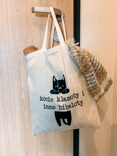 Torba bawełniana beżowa z nadrukiem z motywem kota na zakupy KOCIE KLAMOTY I INNE BIBELOTY Torba bawełniana beżowa z nadrukiem z motywem kota na zakupy KOCIE KLAMOTY I INNE BIBELOTY