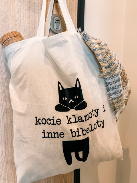 Torba bawełniana beżowa z nadrukiem z motywem kota na zakupy KOCIE KLAMOTY I INNE BIBELOTY Torba bawełniana beżowa z nadrukiem z motywem kota na zakupy KOCIE KLAMOTY I INNE BIBELOTY