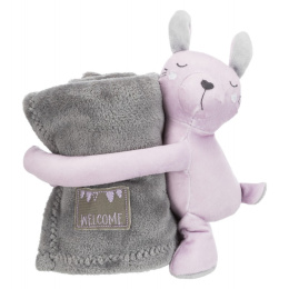 Trixie Zestaw Junior zabawka królik z pluszowym kocem - kolor szary/liliowy 75x50 cm