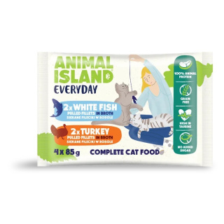 Animal Island saszetki indyk biała ryba 4x85g szarpane fileciki w rosole dla kota