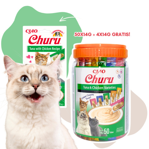 INABA Cat Churu Varieties Tuna Chicken - kremowe przysmaki dla kotów z tuńczykiem i kurczakiem 50x14g + 4x14 gratis!