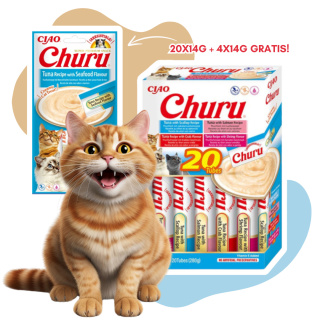 INABA Cat Churu Varieties Tuna Seafood - kremowe przysmaki dla kotów z tuńczykiem i owocami morza 20x14g + 4x14g gratis!