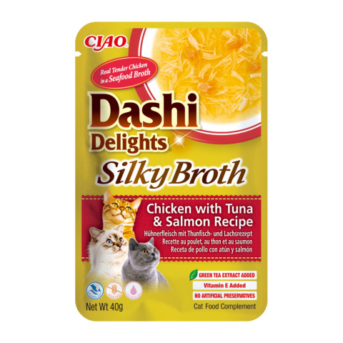 Inaba Dashi Delights Silky Broth Chicken Tuna Salmon - karma uzupełniająca dla kota w bulionie 40g Inaba Dashi Delights Silky Broth Chicken Tuna Salmon - karma uzupełniająca dla kota w bulionie 40g