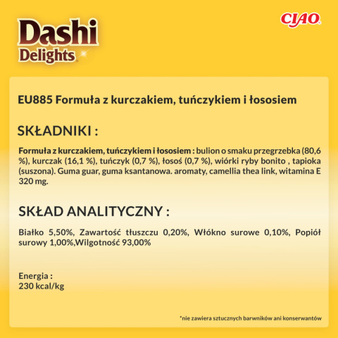 Inaba Dashi Delights Silky Broth Chicken Tuna Salmon - karma uzupełniająca dla kota w bulionie 40g Inaba Dashi Delights Silky Broth Chicken Tuna Salmon - karma uzupełniająca dla kota w bulionie 40g