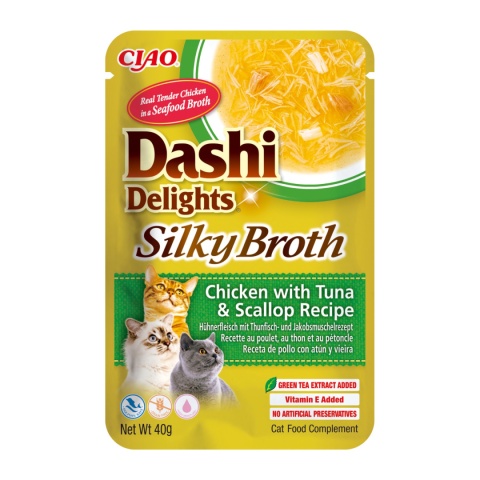 Inaba Dashi Delights Silky Broth Chicken Tuna Scallop - karma uzupełniająca dla kota w bulionie 40g Inaba Dashi Delights Silky Broth Chicken Tuna Scallop - karma uzupełniająca dla kota w bulionie 40g