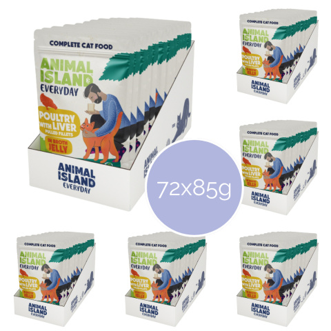 Zestaw 72x85g Animal Island Drób i wątróbka fileciki w galarecie - karma mokra dla kota Zestaw 72x85g Animal Island Drób i wątróbka fileciki w galarecie - karma mokra dla kota