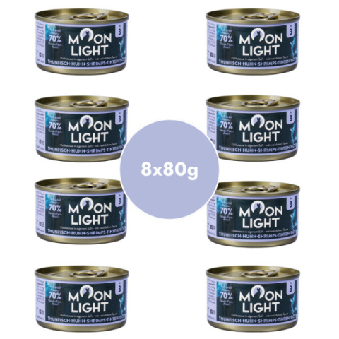 Zestaw 8x80g MOONLIGHT DINNER nr 3 - Tuńczyk, kurczak, krewetki i kałamarnica Zestaw 8x80g MOONLIGHT DINNER nr 3 - Tuńczyk, kurczak, krewetki i kałamarnica