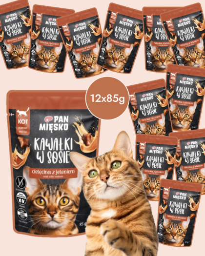 Zestaw Pan Mięsko Kawałki w sosie Cielęcina z jeleniem 12x85g - mokra karma dla kota