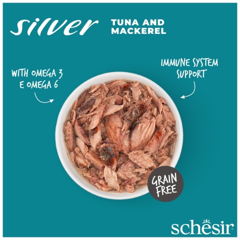 Schesir Silver z tuńczykiem i makrelą w bulionie - karma dla kota 70g