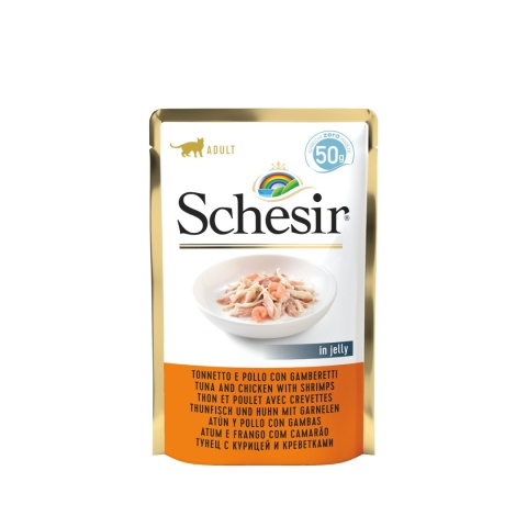 Schesir tuńczyk z kurczakiem i krewetkami w galaretce - karma dla kota 50g