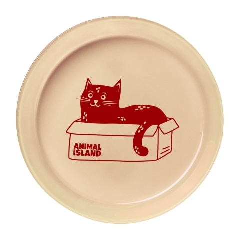 Animal Island Talerzyk dla kota szklany - beżowy z czerwonym kotkiem