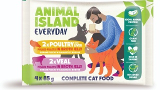 Animal Island saszetki cielęcina i drób z wątróbką 4x85g szarpane fileciki w galarecie dla kota