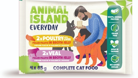 Animal Island saszetki cielęcina i drób z wątróbką 4x85g szarpane fileciki w galarecie dla kota