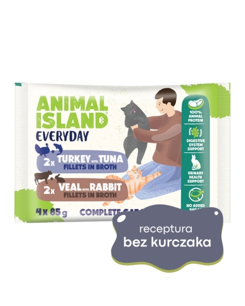 Animal Island saszetki cielęcina królik - indyk tuńczyk 4x85g szarpane fileciki w rosole dla kota