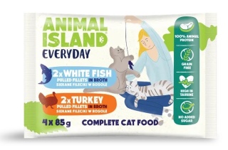 Animal Island saszetki indyk biała ryba 4x85g szarpane fileciki w rosole dla kota