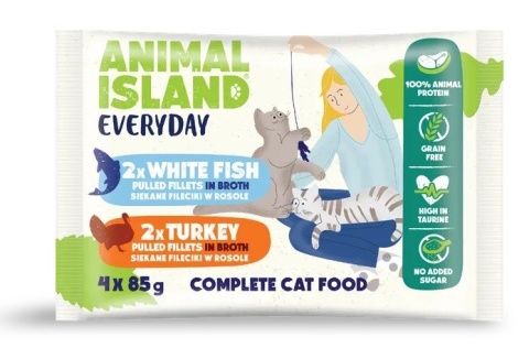 Animal Island saszetki indyk biała ryba 4x85g szarpane fileciki w rosole dla kota