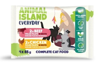 Animal Island saszetki kurczak wołowina 4x85g szarpane fileciki w rosole dla kota