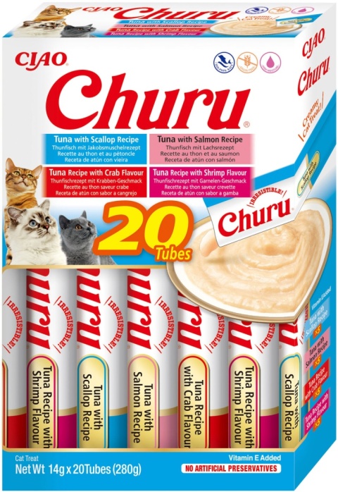 INABA Cat Churu Varieties Tuna Seafood - kremowe przysmaki dla kotów z tuńczykiem i owocami morza 20x14g