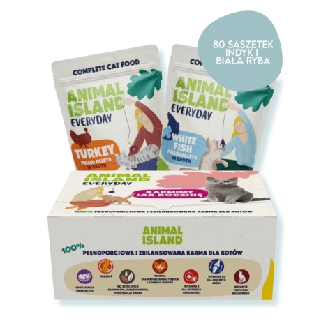 Animal Island 80PAK indyk i biała ryba - karma mokra dla kota 80x85g