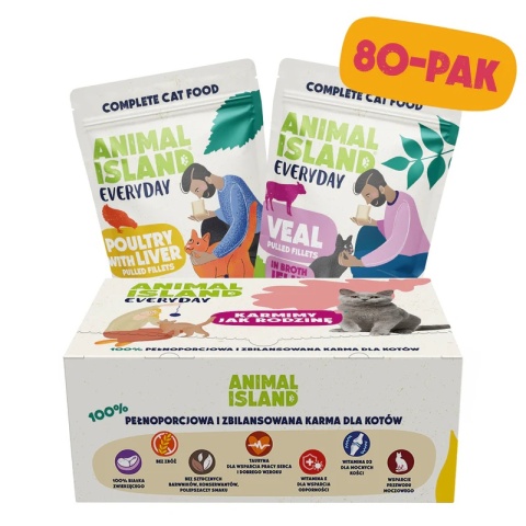 Animal Island 80PAK cielęcina i drób w galaretce - karma mokra dla kota 80x85g