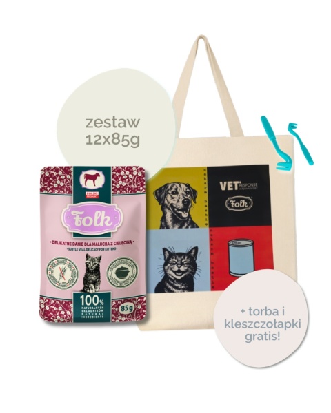 FOLK 12x85g Danie dla malucha z cielęciną - karma mokra dla kociąt zestaw + torba na zakupy i kleszczołapki GRATIS