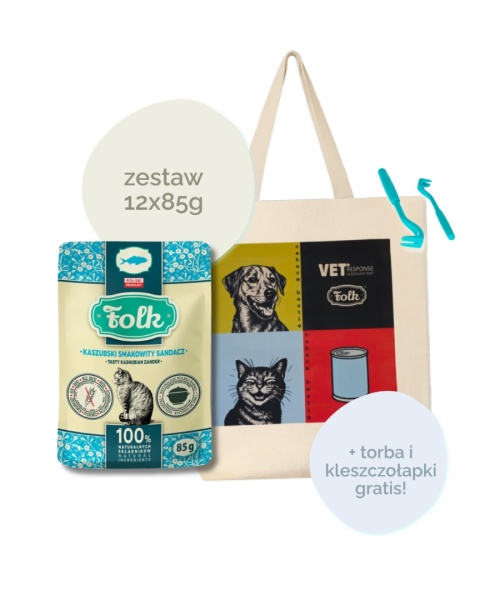 FOLK 12x85g Kaszubski smakowity sandacz - karma mokra dla kota zestaw + torba na zakupy i kleszczołapki GRATIS