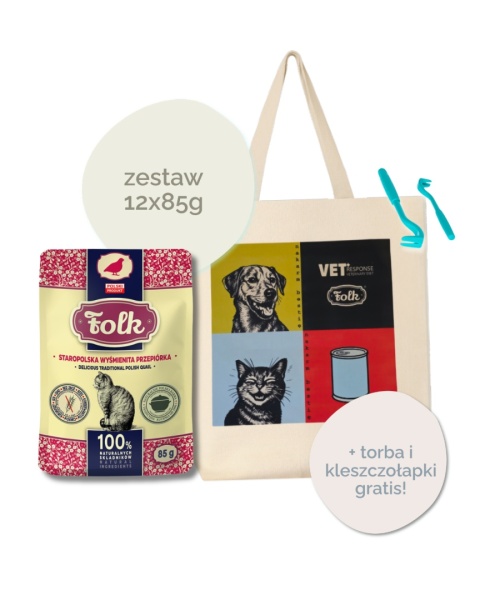 FOLK 12x85g Wyśmienita przepiórka - karma mokra dla kota zestaw + torba na zakupy i kleszczołapki GRATIS