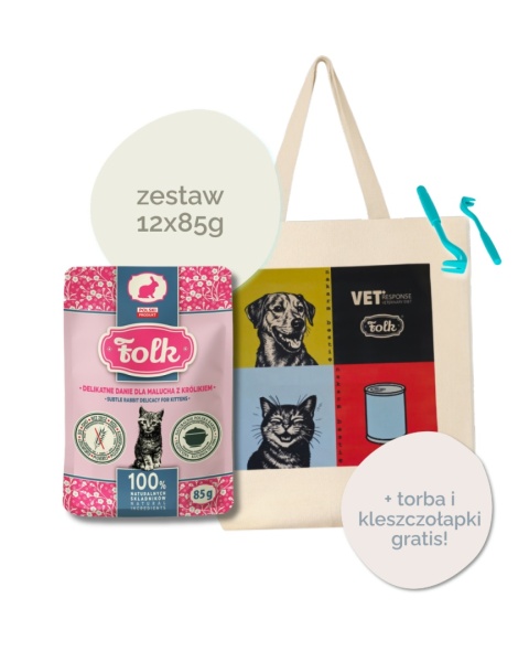 FOLK 12x85g Danie dla malucha z królikiem - karma mokra dla kociąt zestaw + torba na zakupy i kleszczołapki GRATIS