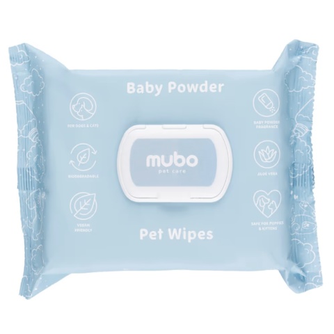 Mubo Baby Powder Pet Wipes 100szt. - delikatne chusteczki z aloesem o zapachu dziecięcego pudru