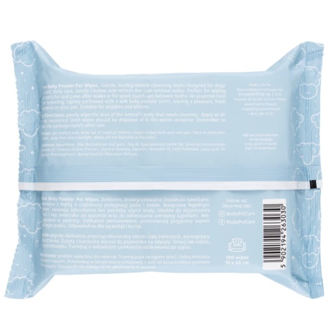 Mubo Baby Powder Pet Wipes 100szt. - delikatne chusteczki z aloesem o zapachu dziecięcego pudru