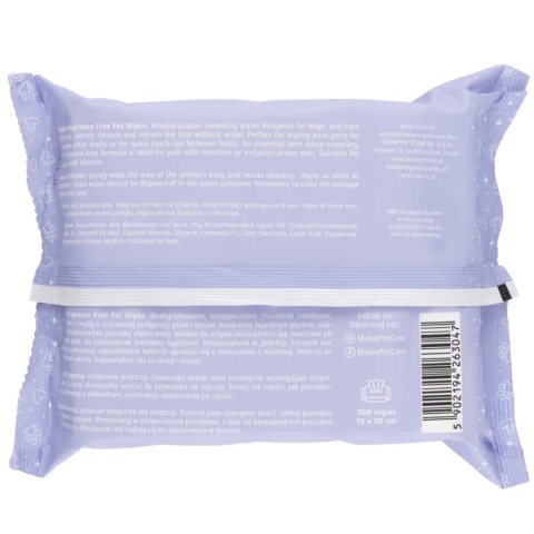 Mubo Fragrance Free Pet Wipes 100szt. - delikatne chusteczki z aloesem bezzapachowe