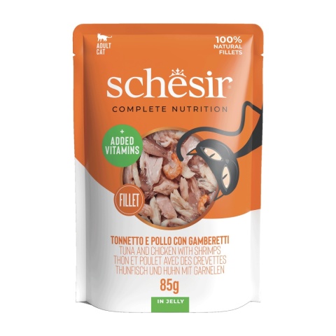 Schesir Tuna Chicken Shrimps in Jelly tuńczyk z kurczakiem i krewetkami w galarecie - karma dla kota 85g