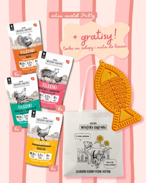 Wiejska Zagroda Fileciki mix smaków 24x85g ZESTAW + GRATISY mata i torba