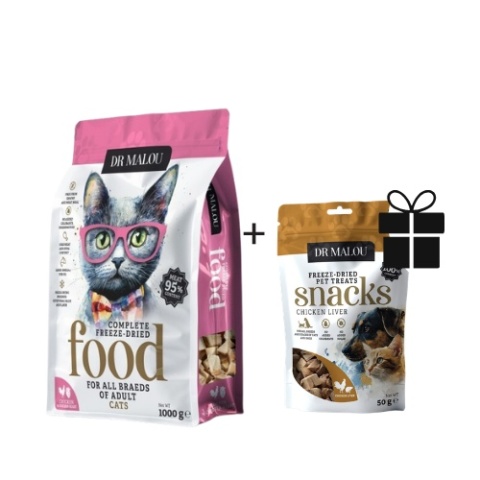 Dr Malou kurczak z sercami kurczaka - liofilizowana karma dla kota 1kg + PREZENT liofilizowana kurza wątróbka 50g