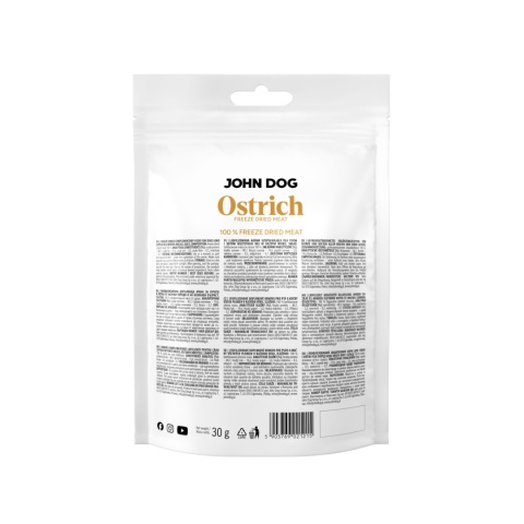 John Dog Freeze Dried Struś - liofilizowany monobiałkowy przysmak dla psa i kota 30g