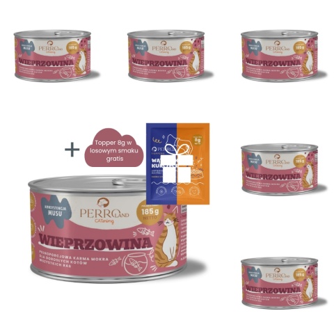 PERROland CATering Wieprzowina zestaw 6x185g - karma mokra dla kota + topper 8g w losowym smaku gratis