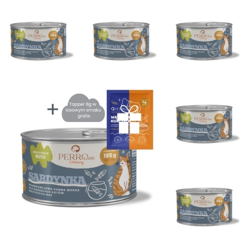 PERROland CATering Sardynka zestaw 6x185g - karma mokra dla kota + topper 8g w losowym smaku gratis