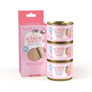 Schesir Baby Mousse 3x55g mus z rozdrobnionym kurczakiem i łososiem - karma dla kociąt