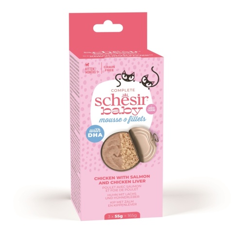 Schesir Baby Mousse 3x55g mus z rozdrobnionym kurczakiem i łososiem - karma dla kociąt