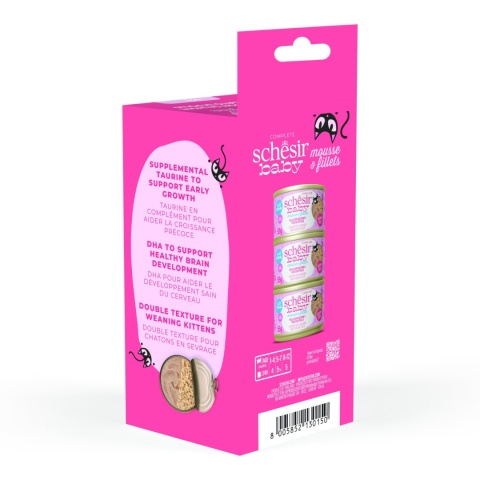 Schesir Baby Mousse 3x55g mus z rozdrobnionym kurczakiem i łososiem - karma dla kociąt