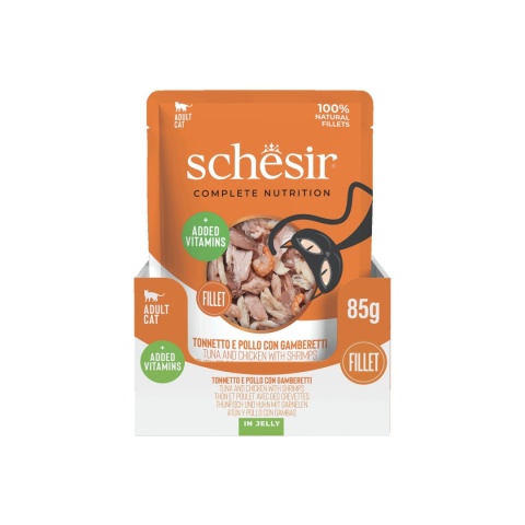 Schesir Tuna Chicken Shrimps in Jelly 12x85g tuńczyk z kurczakiem i krewetkami w galarecie - karma dla kota zestaw