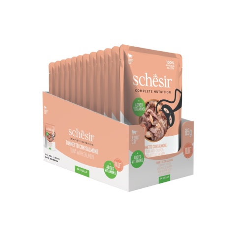 Schesir Tuna Salmon Fillet in Jelly 12x85g tuńczyk i łosoś w galarecie - karma dla kota zestaw