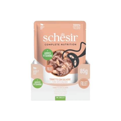 Schesir Tuna Salmon Fillet in Jelly 12x85g tuńczyk i łosoś w galarecie - karma dla kota zestaw