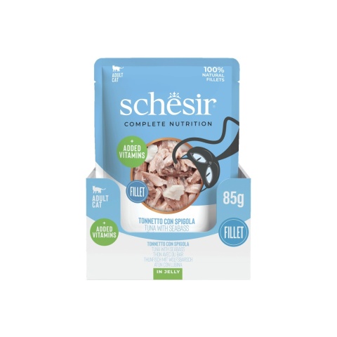 Schesir Tuna Seabass Fillet in Jelly 12x85g tuńczyk i okoń morski w galarecie - karma dla kota zestaw